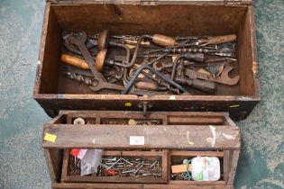 Wooden tool chest containing braces, drill bits,