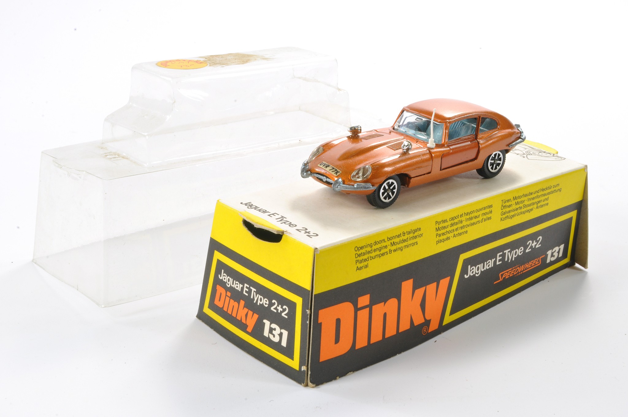 Dinky No. 131 Jaguar E Type 2+2. Bronze with blue interior. Generally excellent with very little