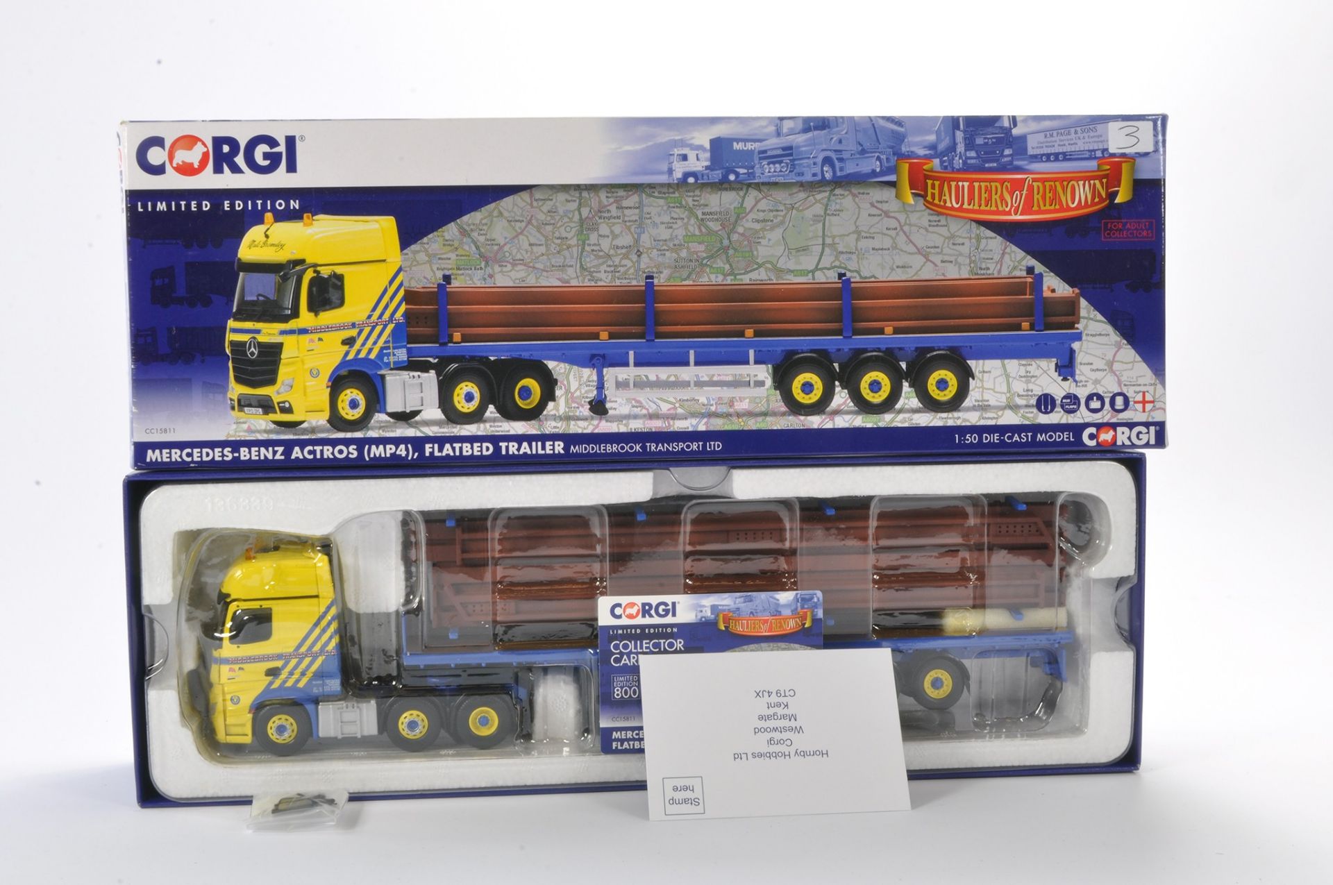 Corgi Model Truck Issue comprising No. CC15811 Mercedes-Benz Actros Flatbed Trailer in the livery of