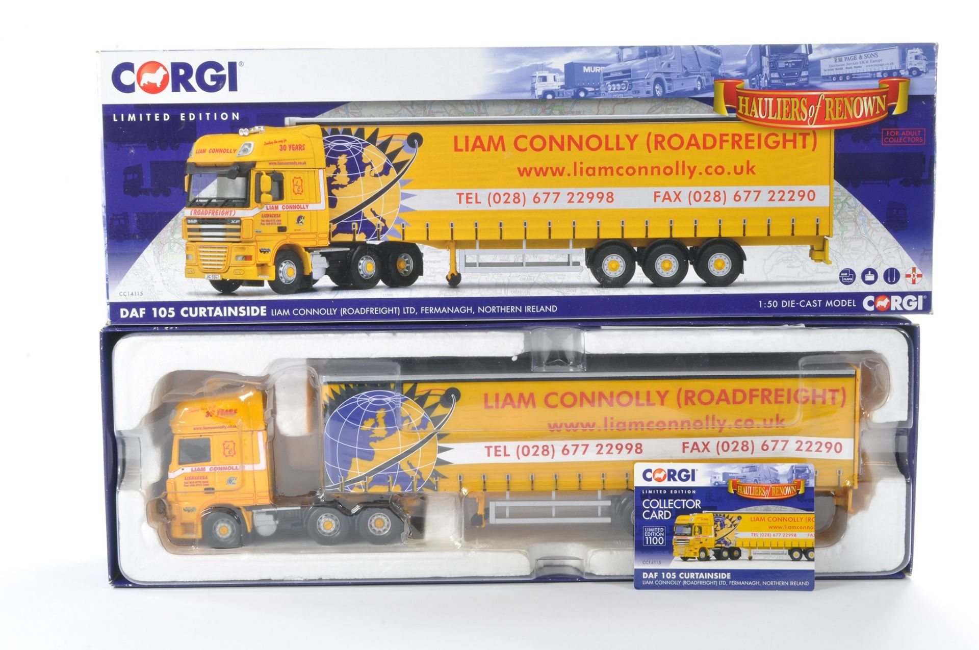 Corgi Model Truck Issue comprising No. CC14115 DAF 105 Curtainside in the livery of Liam Connolly