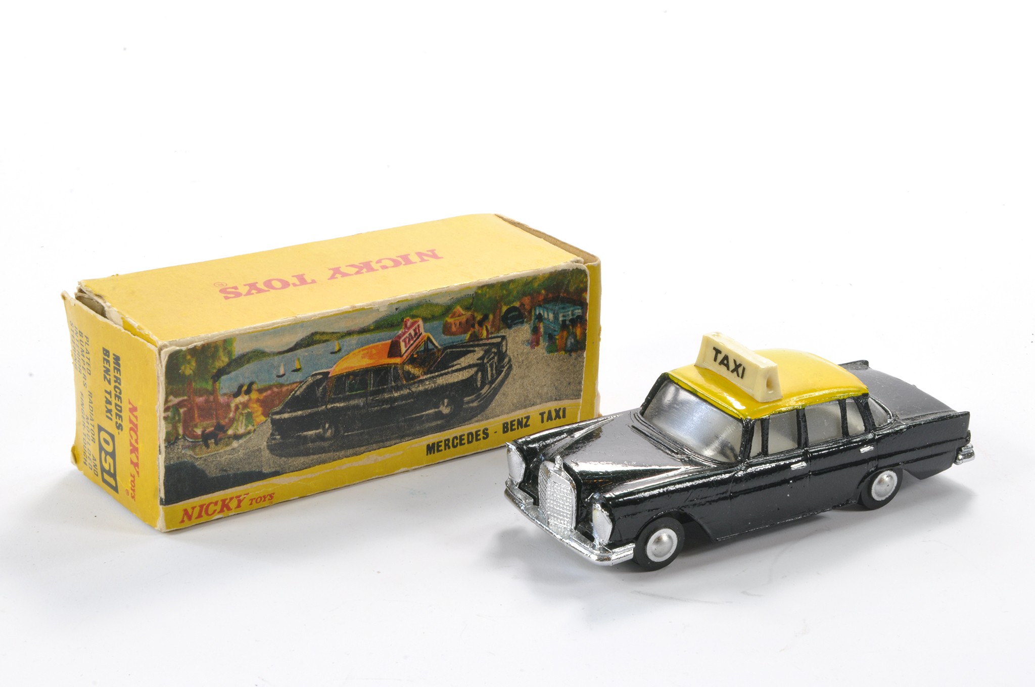 Dinky (Nicky) Toys no. 150 Mercedes Benz Taxi. Generally very good in fair original box.