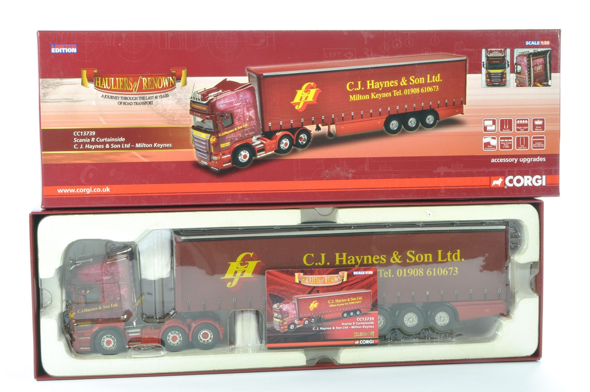 Corgi Model Truck Issue comprising No. CC13739 Scania R Curtainside in the livery of C. J.