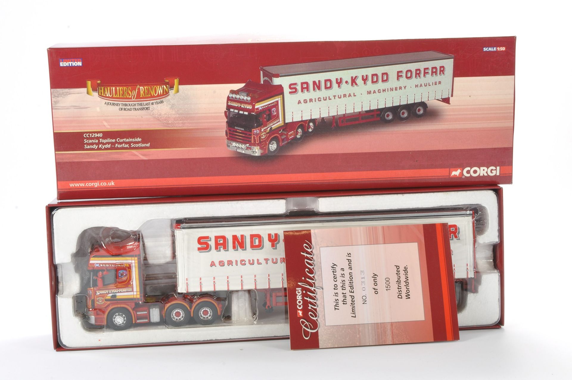 Corgi Model Truck Issue comprising No. CC12940 Scania Topline Curtainside in the livery of Sandy