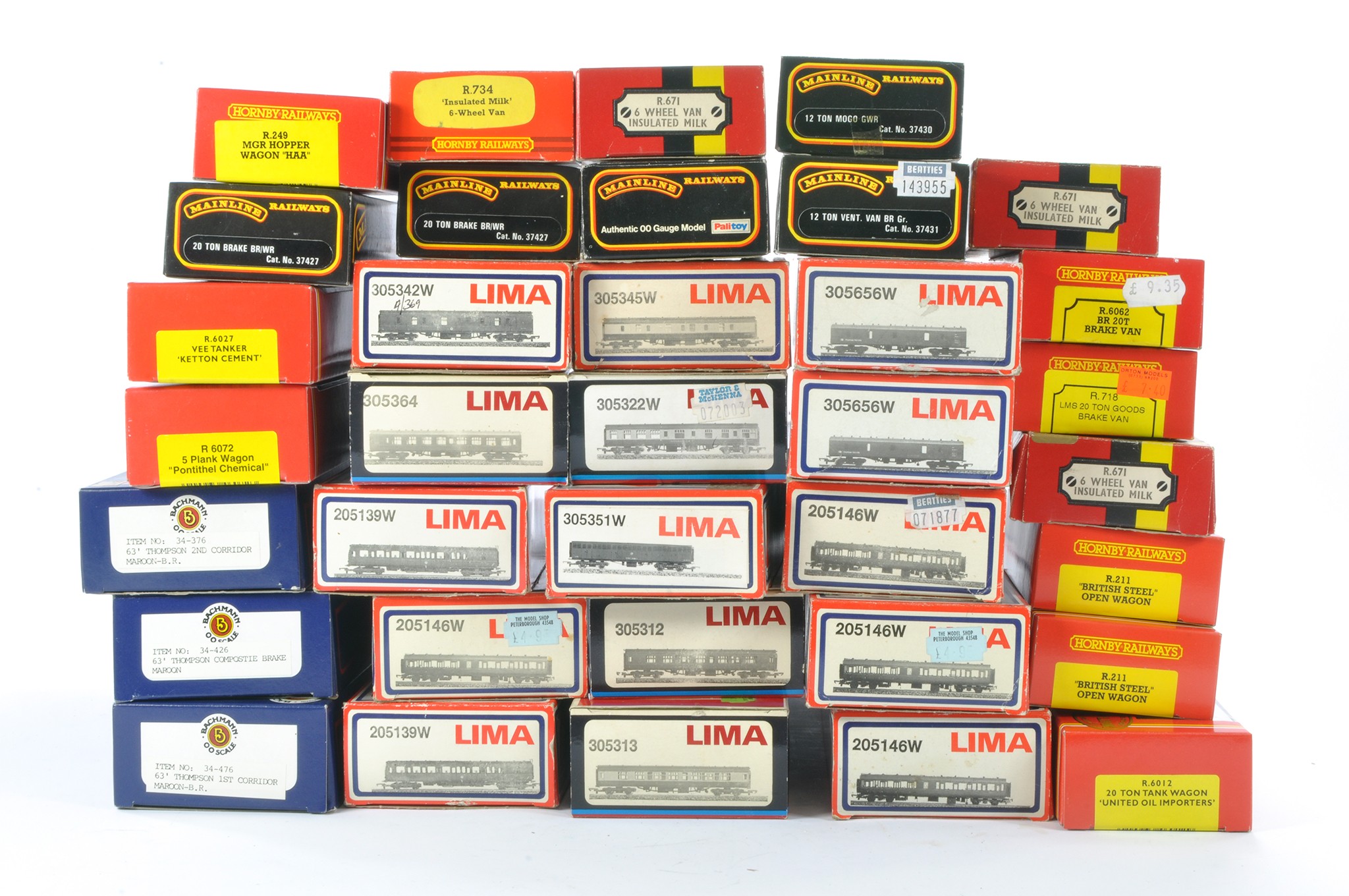 Model Railway interest comprising 35 coaches and wagons from Lima, Hornby, Bachmann and Mainline.