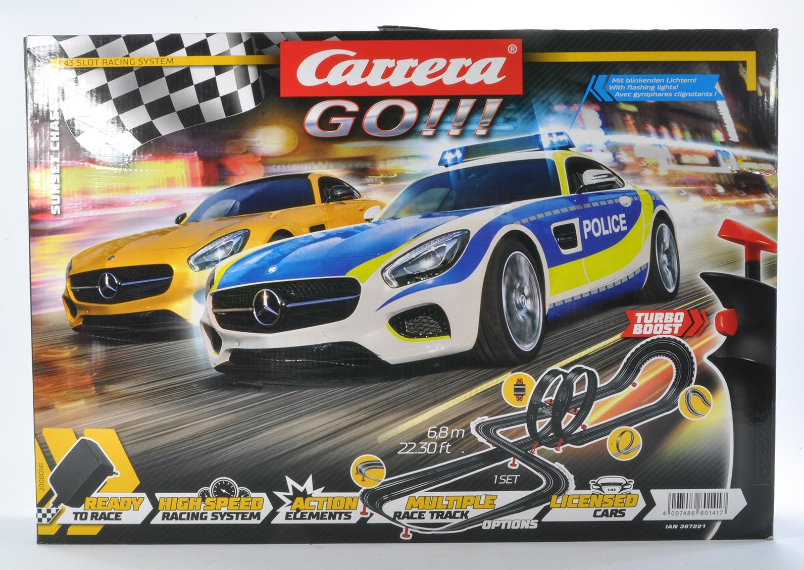 Scalextric Type slot car issue comprising Carrera Go Slot Racing System Sunset Chase. Complete and