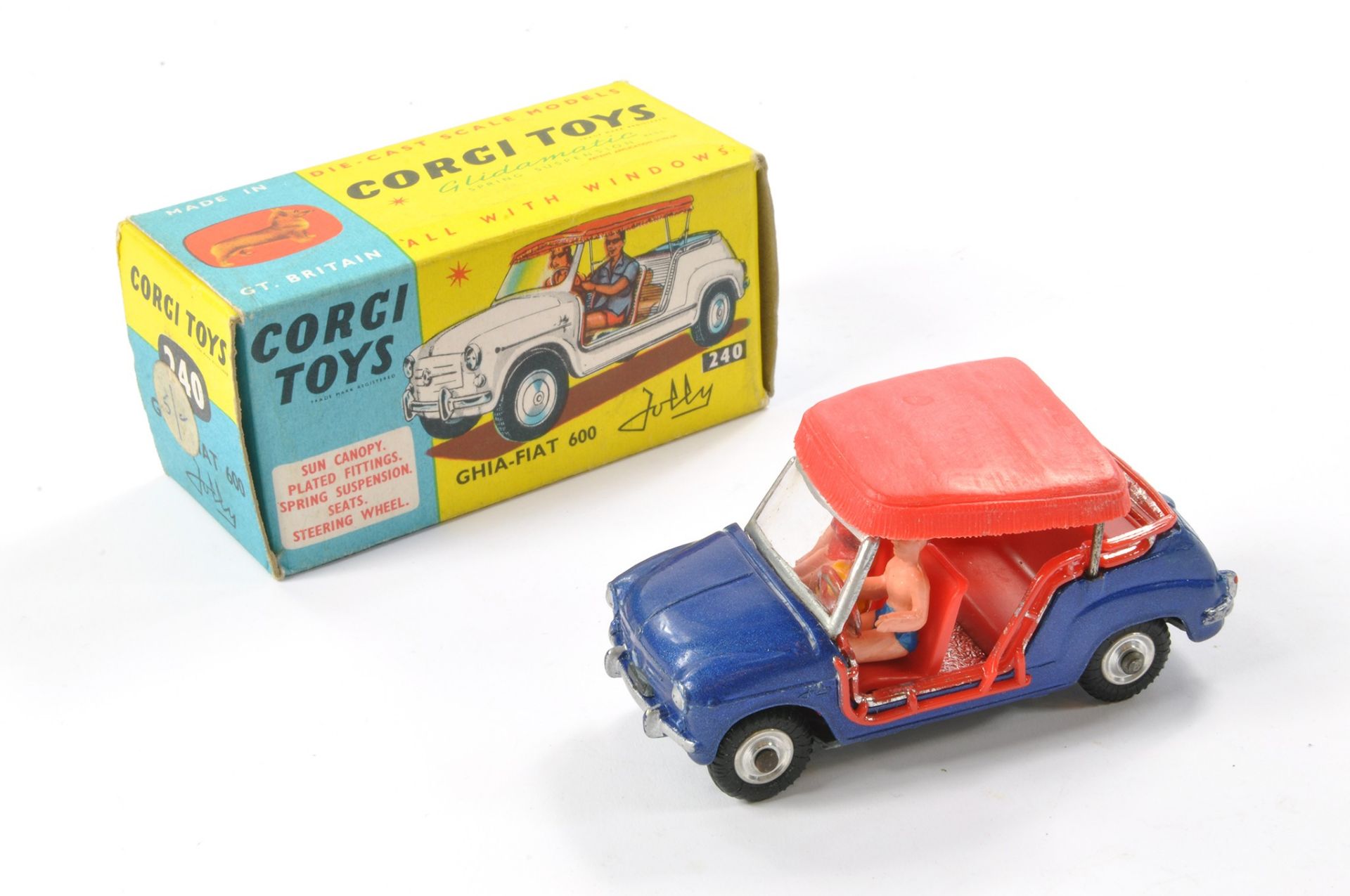 Corgi No. 240 Ghia Fiat 600. Blue and Red, with figures. Generally excellent with very minor sign of