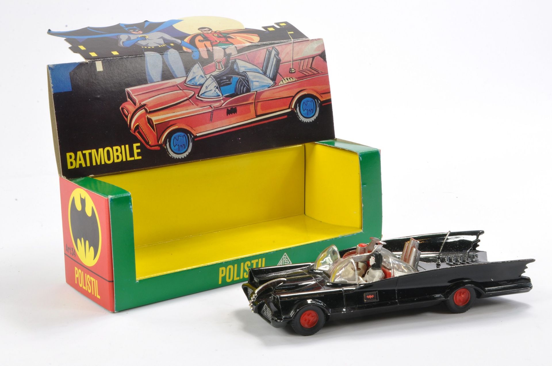 Vintage Polistil No. 34 comprising the Batmobile with Batman and Robin. Diecast model is black