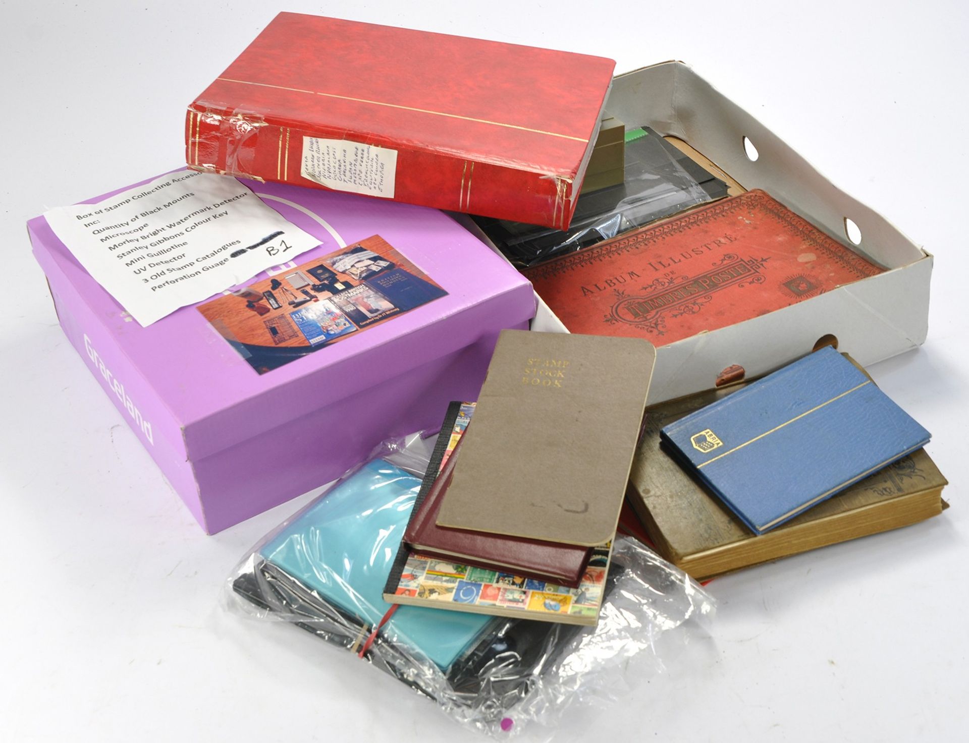Stamps interest comprising an assortment of collector 'kit' items inc empty albums etc plus a well