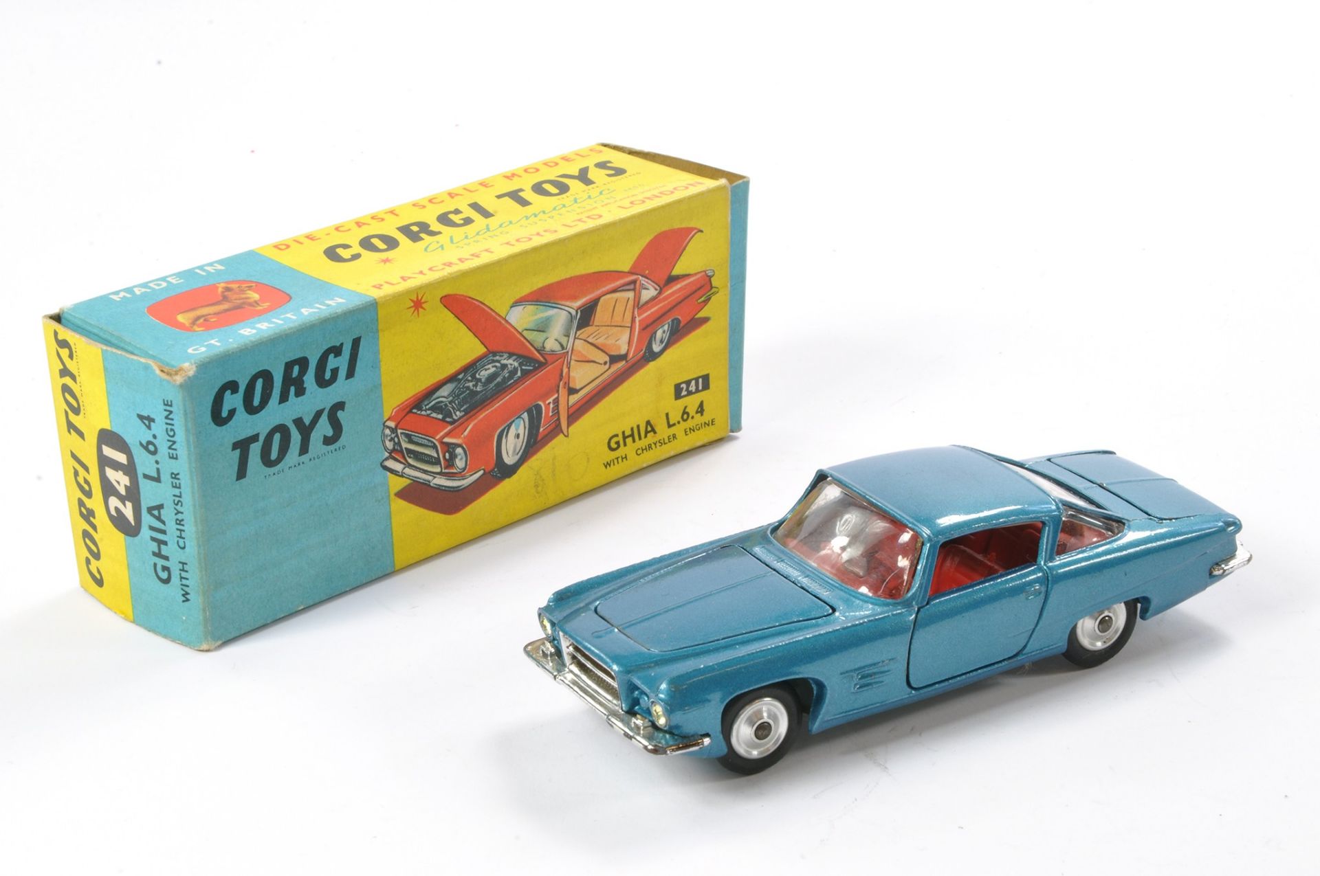 Corgi No. 241 Ghia L.6.4. Blue with red interior, chrome trim and spun hubs. Excellent with no