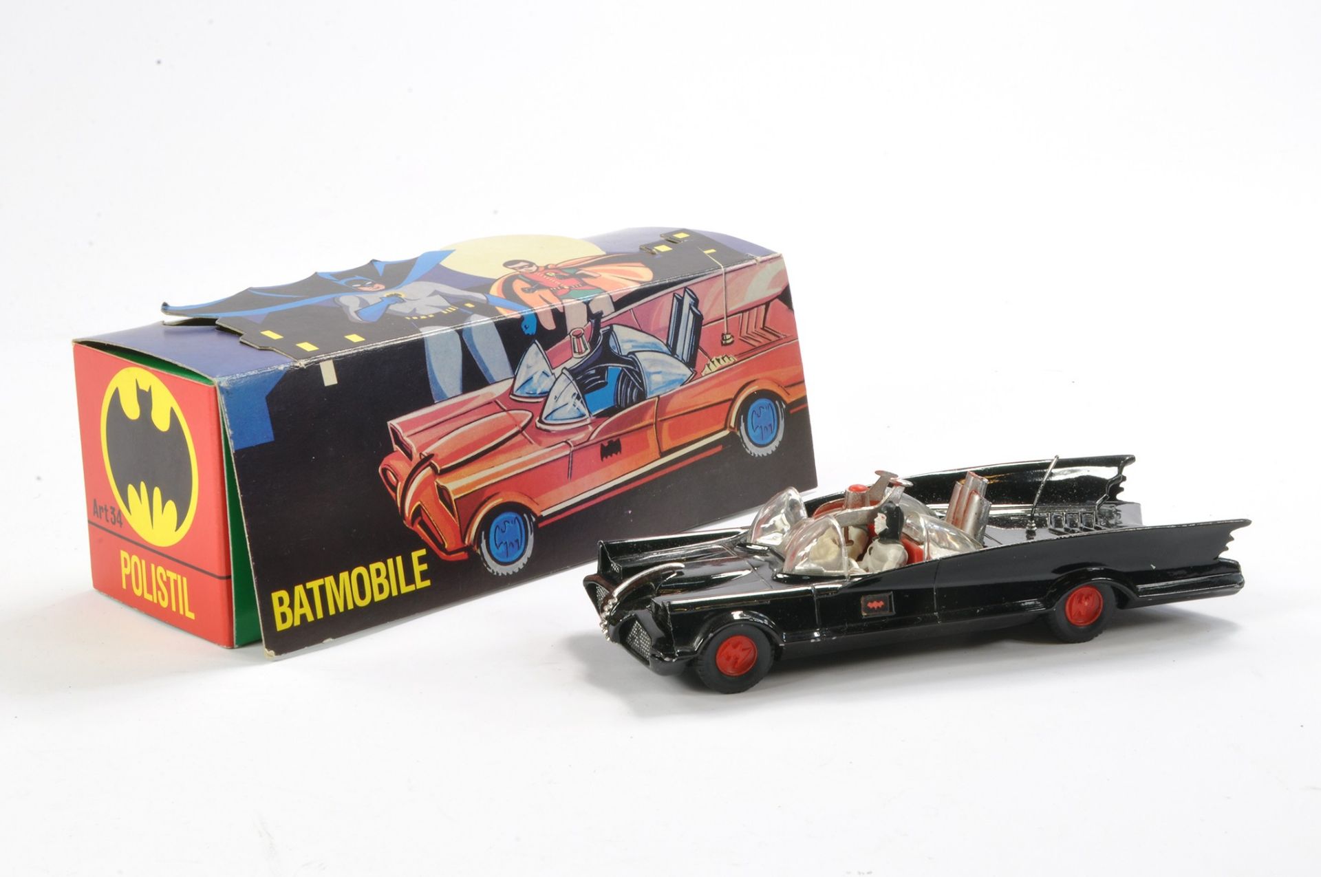 Vintage Polistil No. 34 comprising the Batmobile with Batman and Robin. Diecast model is black - Image 2 of 7