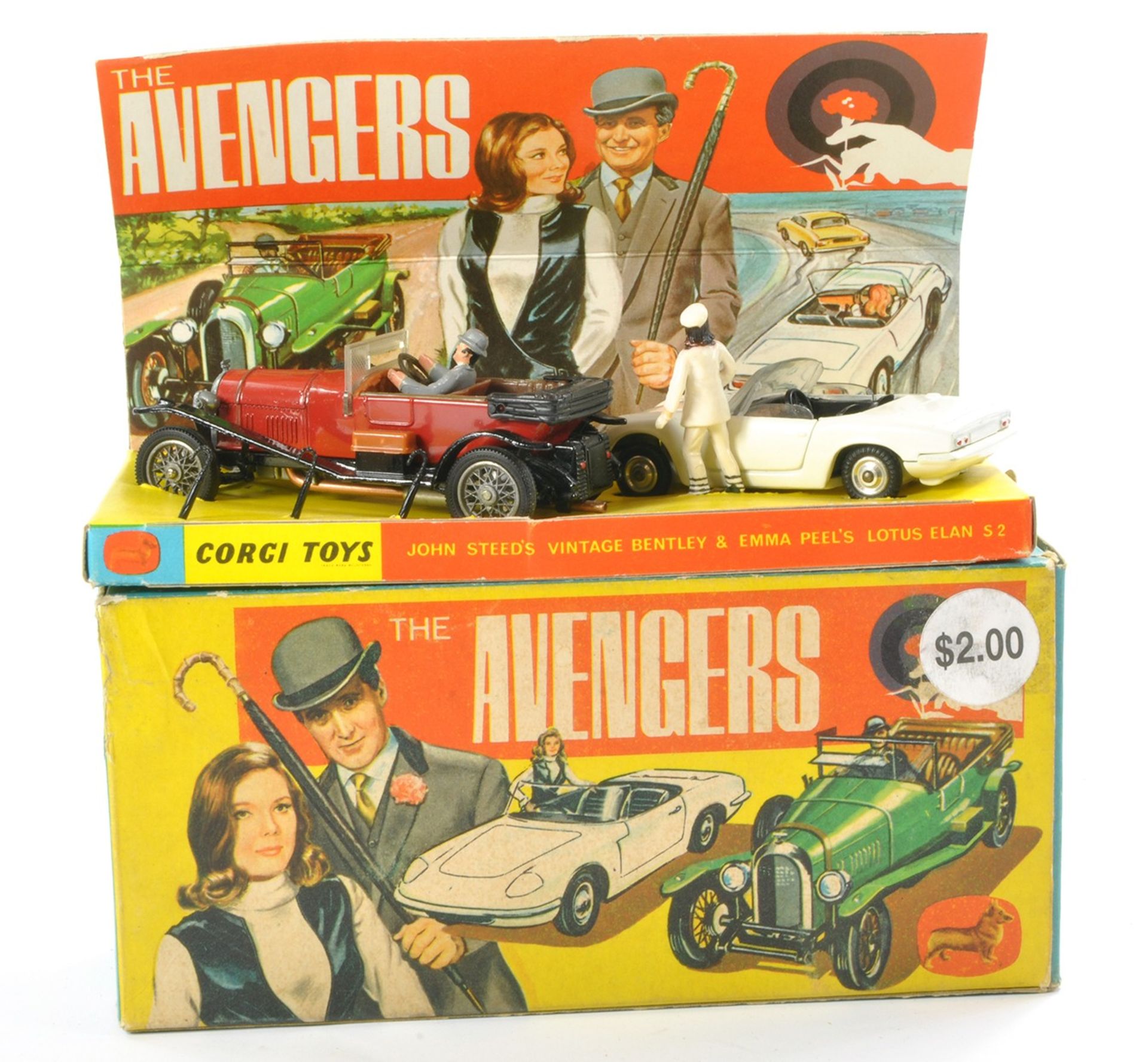 Corgi No. GS40 The Avengers comprising Bentley in Red, Lotus Elan plus John Steed and Emma Peel