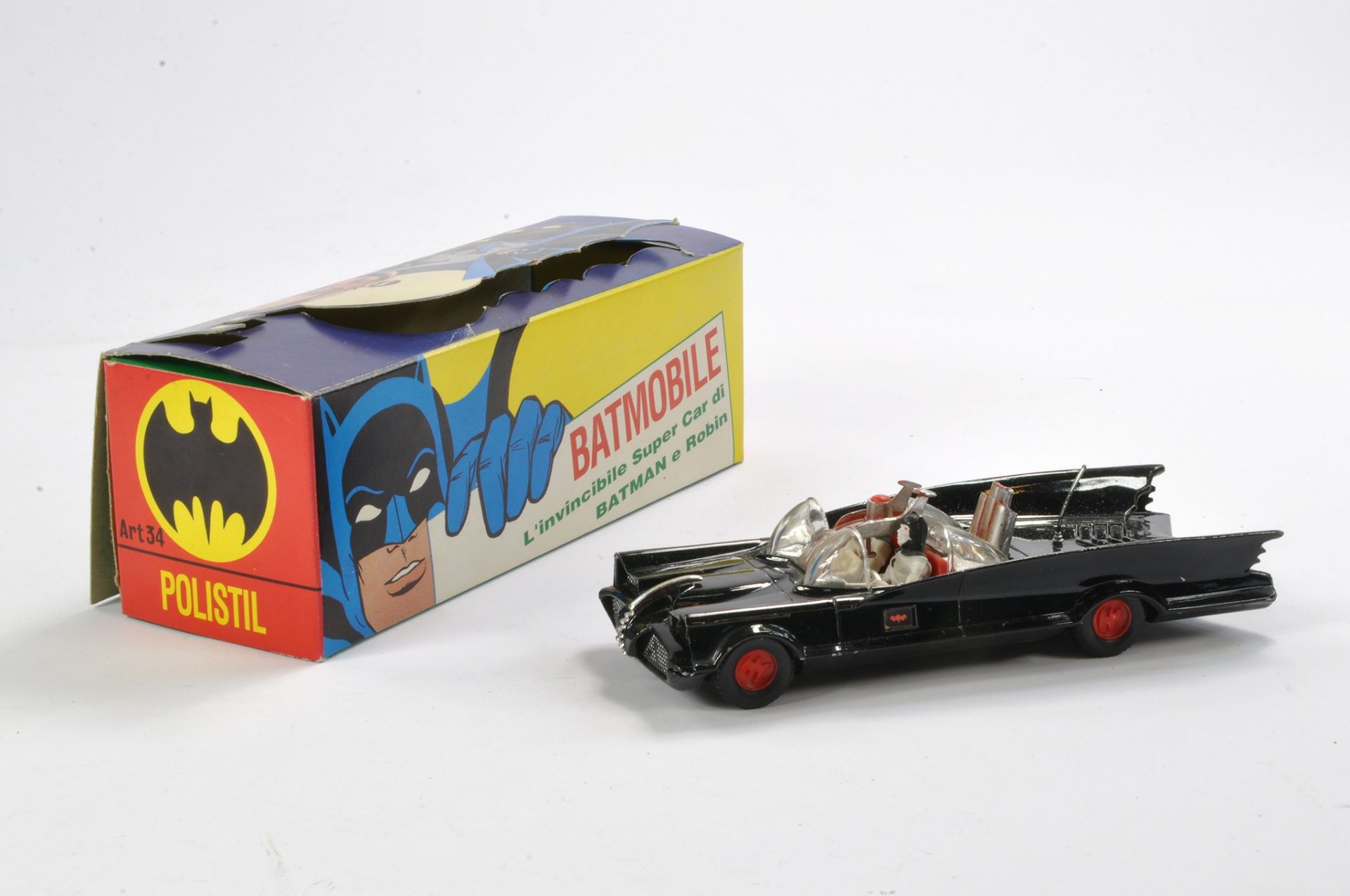 Vintage Polistil No. 34 comprising the Batmobile with Batman and Robin. Diecast model is black - Image 3 of 7