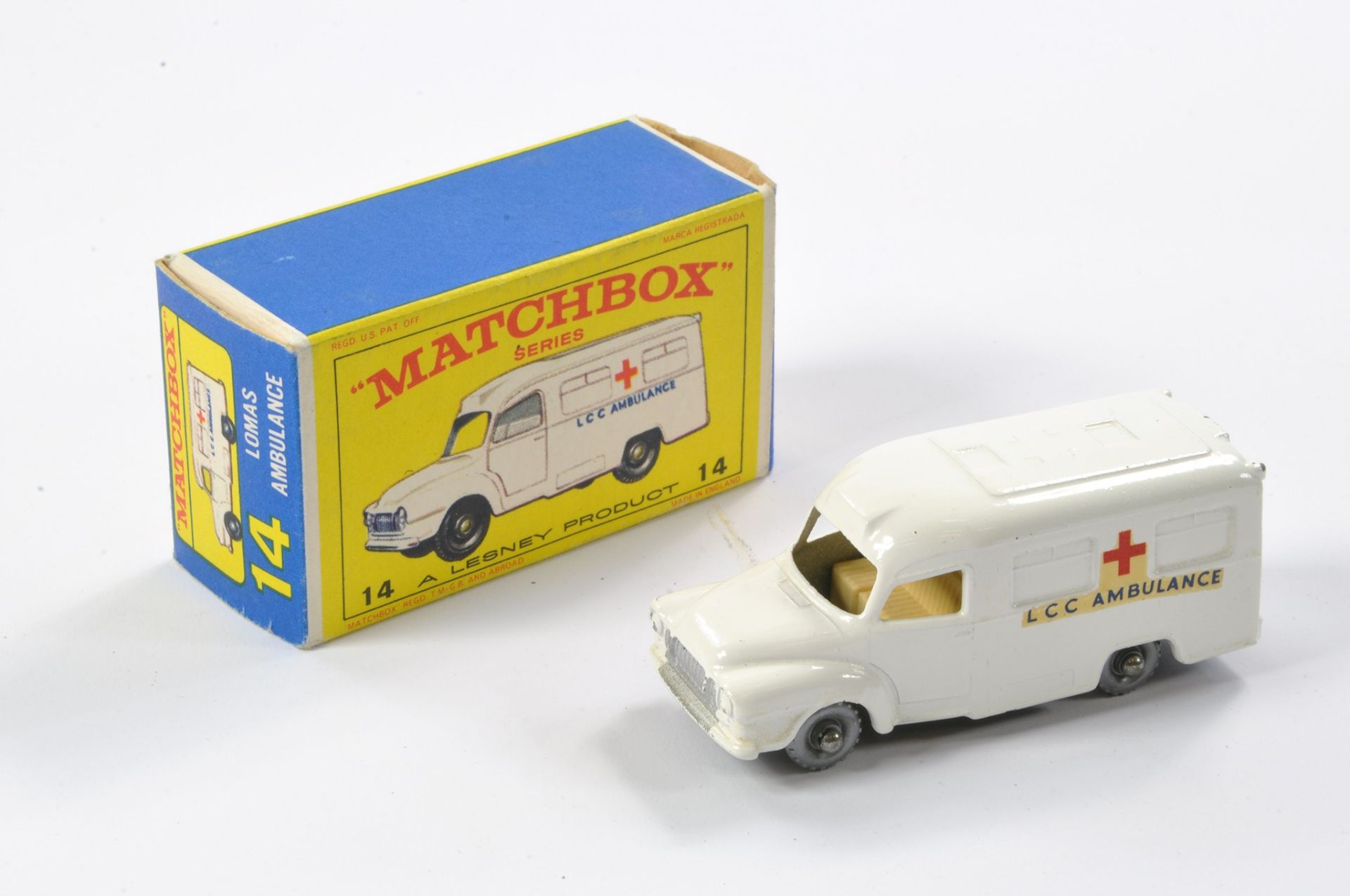 Matchbox Regular Wheels comprising No. 14c Bedford Lomas Ambulance. White Body with silver plastic