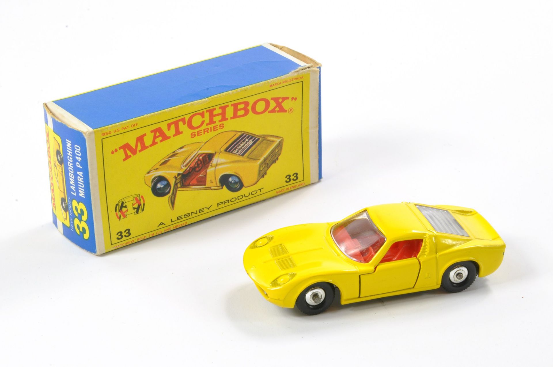 Matchbox Regular Wheels comprising No. 33c Lamborghini Miura. Yellow with red interior, clear