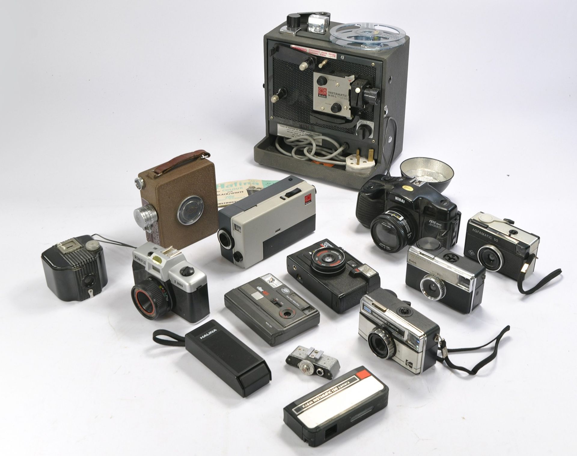 A Collection of Vintage Cameras and Film Equipment comprising of: Agfamatic 50, Kodak Instamatic