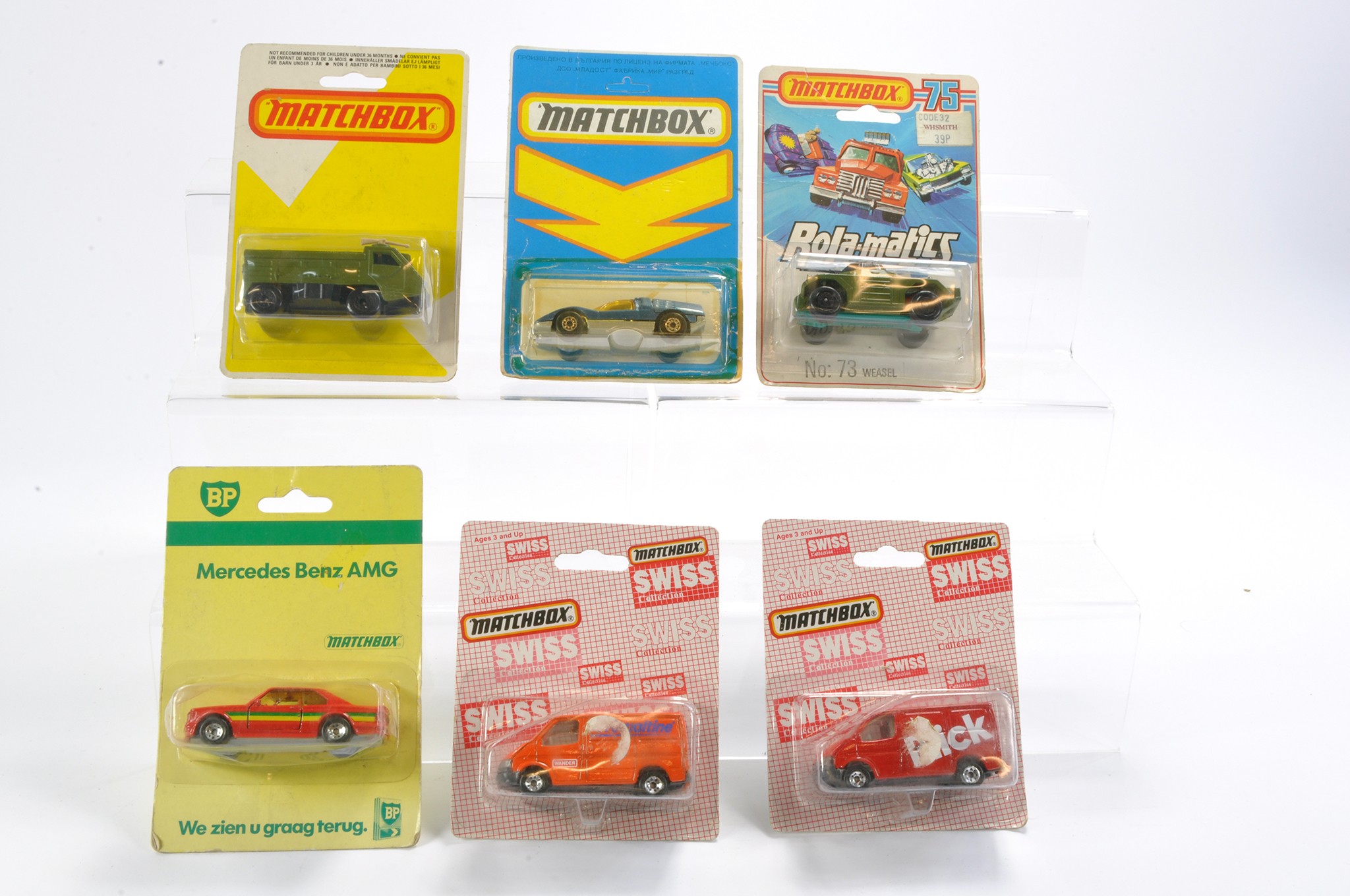 Matchbox Superfast Blister Packs comprising Swiss Special Transits x 2, German Promo Mercedes,