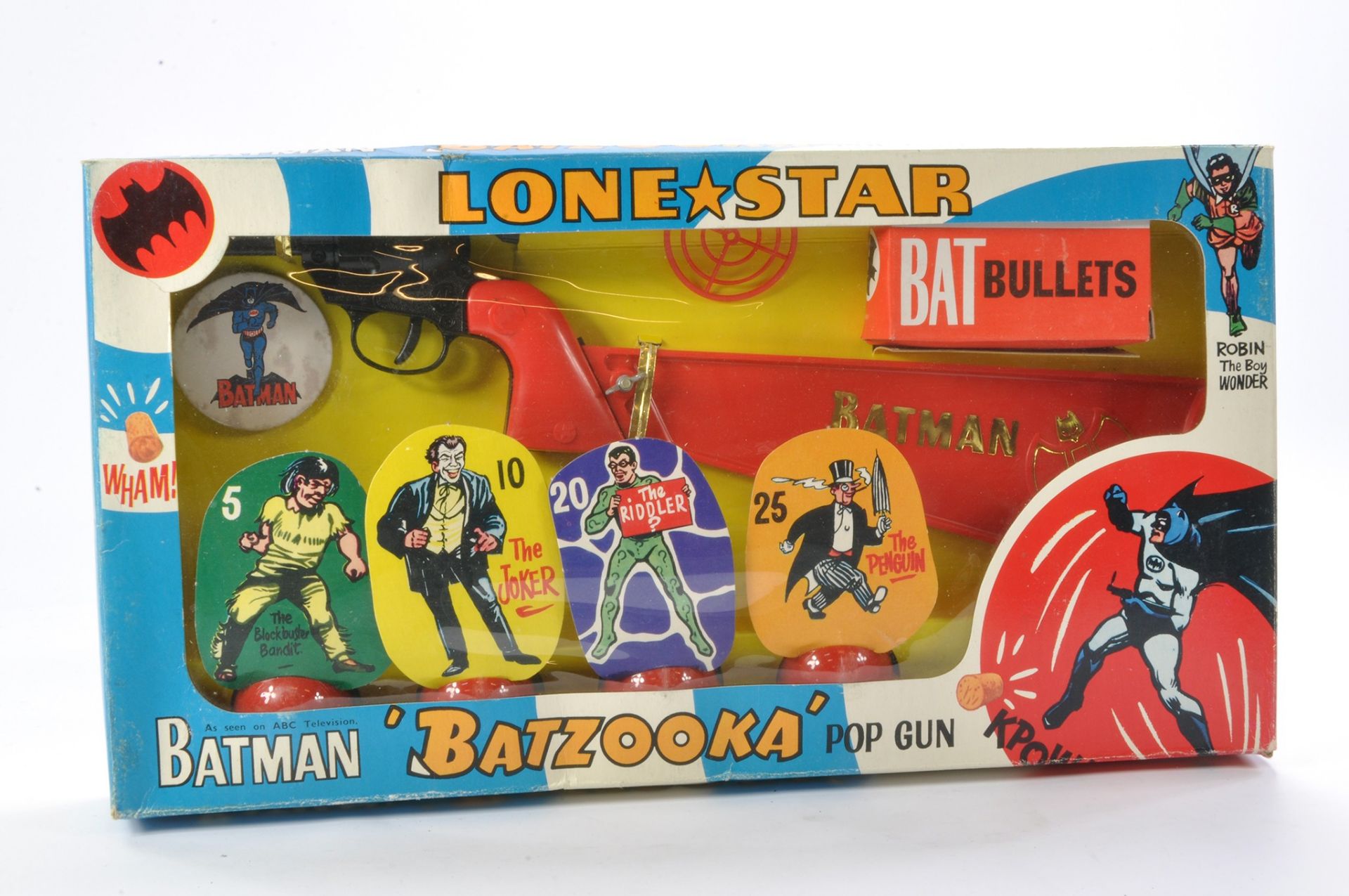 Lone Star 1966 Batman Batzooka Pop Gun. Secured in box, a complete and unplayed-with set which looks