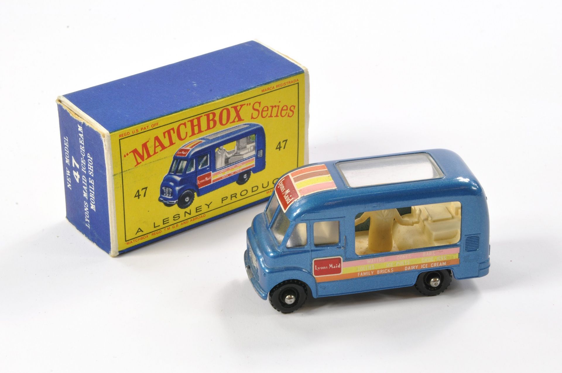 Matchbox Regular Wheels comprising No. 47b Commer Ice Cream Van. Metallic Blue with light tan