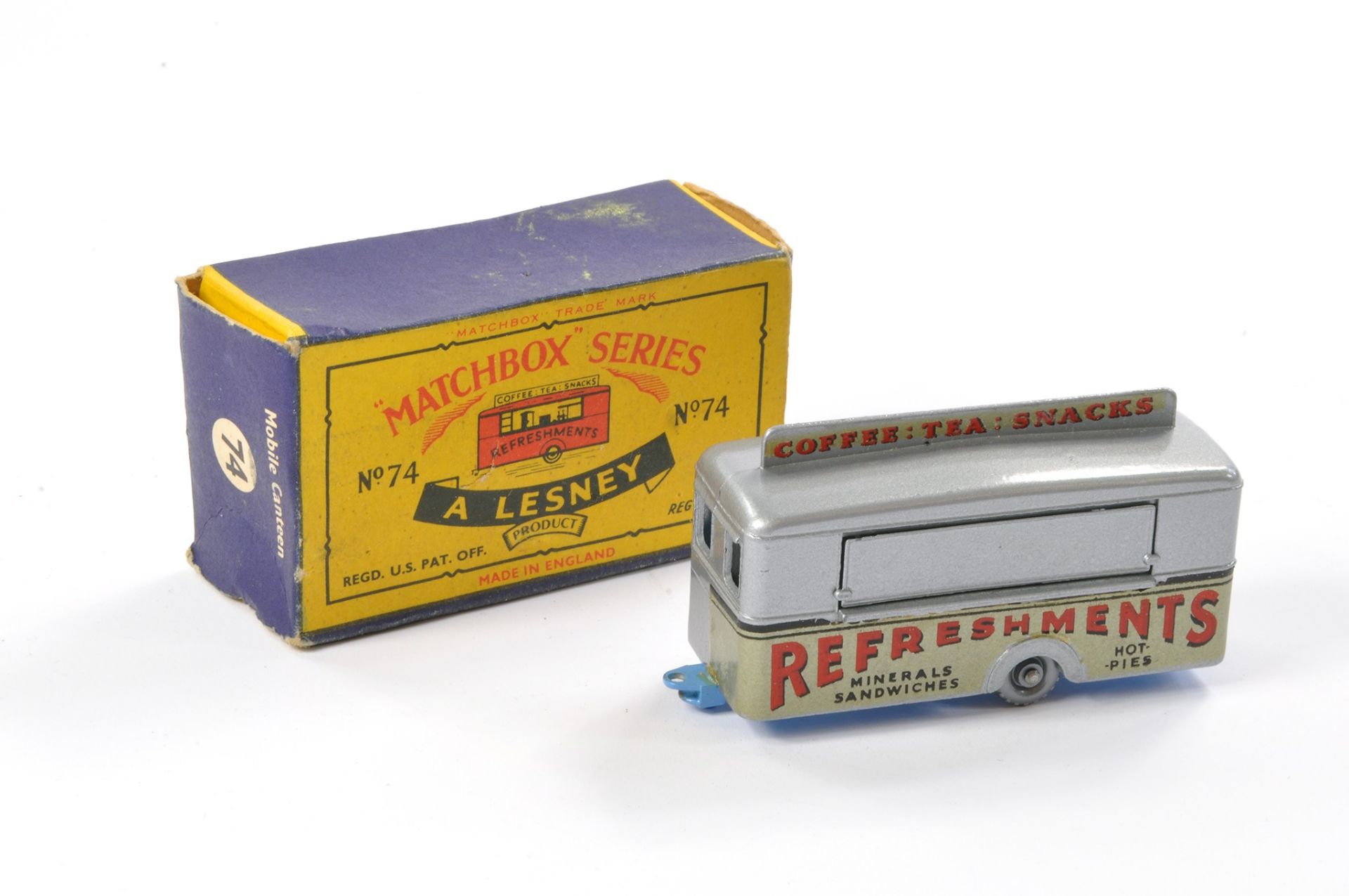 Matchbox Regular Wheels comprising No. 74a Mobile Canteen. Silver with Mid Blue Base. Silver Plastic