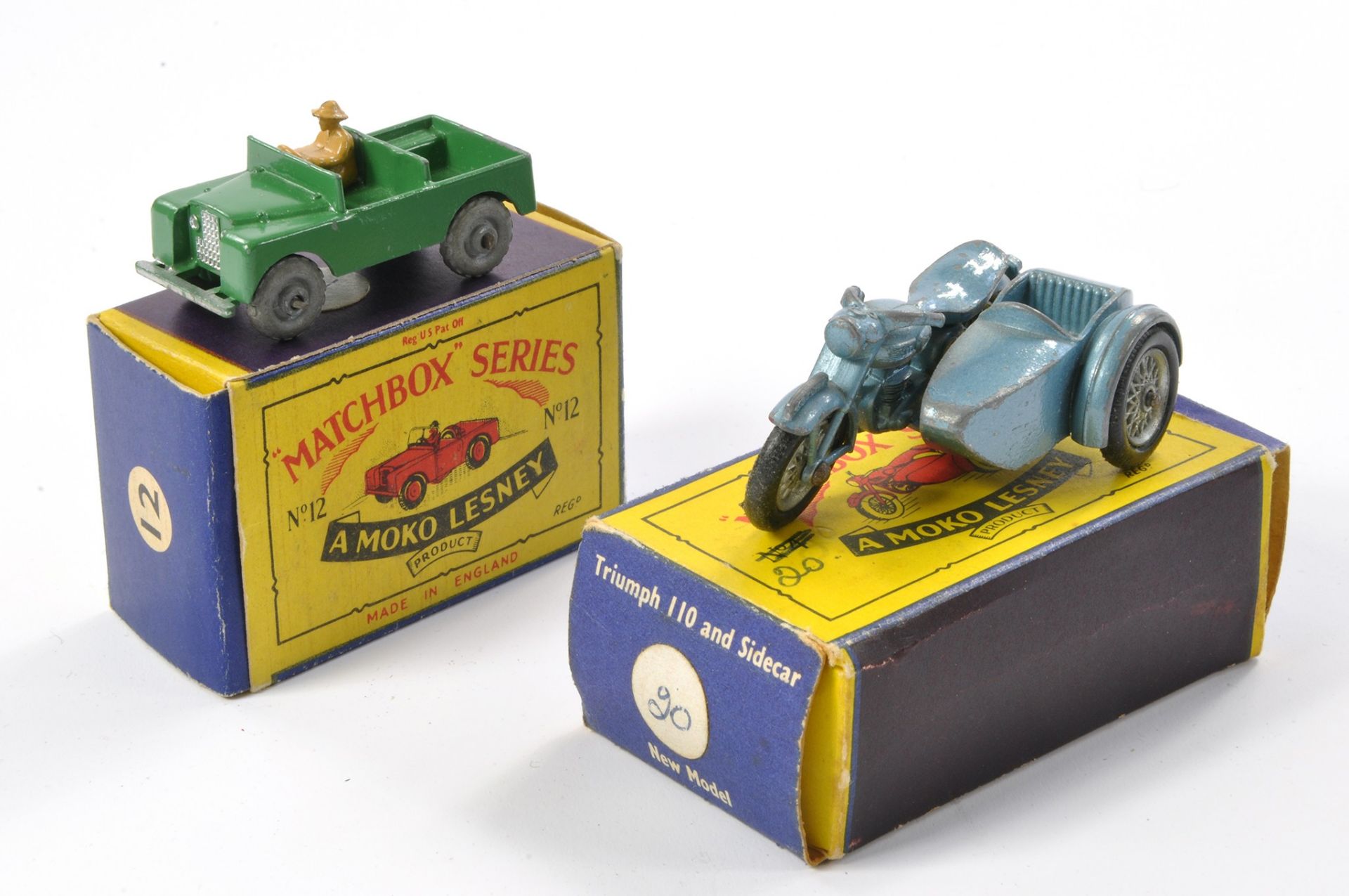 Matchbox Regular Wheels comprising No. 4c Triumph Motorcycle and sidecar plus No. 12a Land Rover.