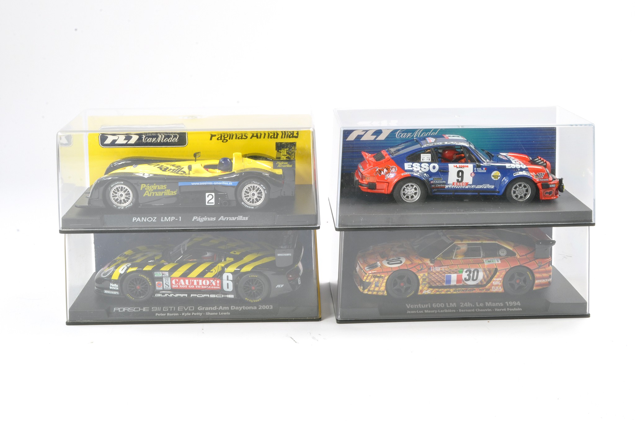 Slot car interest comprising Fly car model No.T3 Panoz Lmp-1, 88074 Porsche 911, 88128 Venturi 600