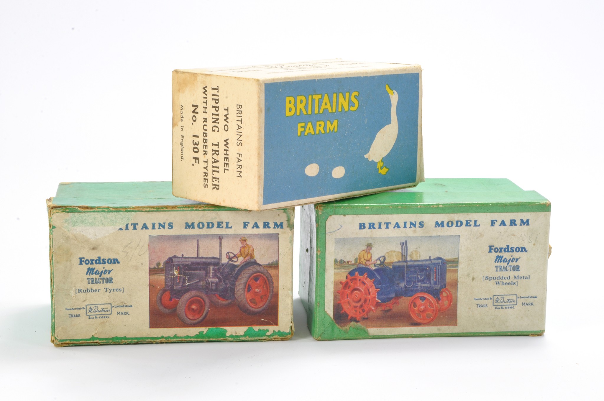 Britains trio of Empty boxes comprising No. 130F Tipping Trailer (duck and egg box, very good)