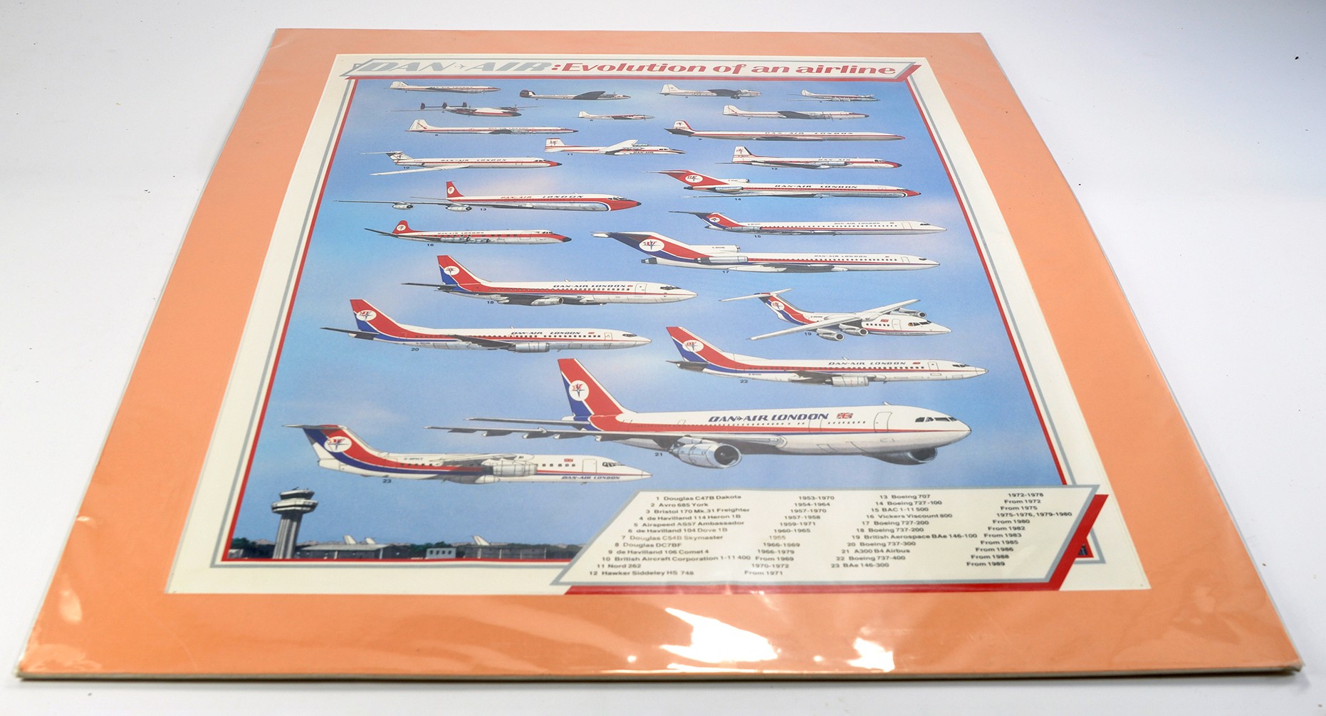 Large original mounted illustrated Dan Air Aircraft Fleet Poster, approx 90 x 70 cm mounted.