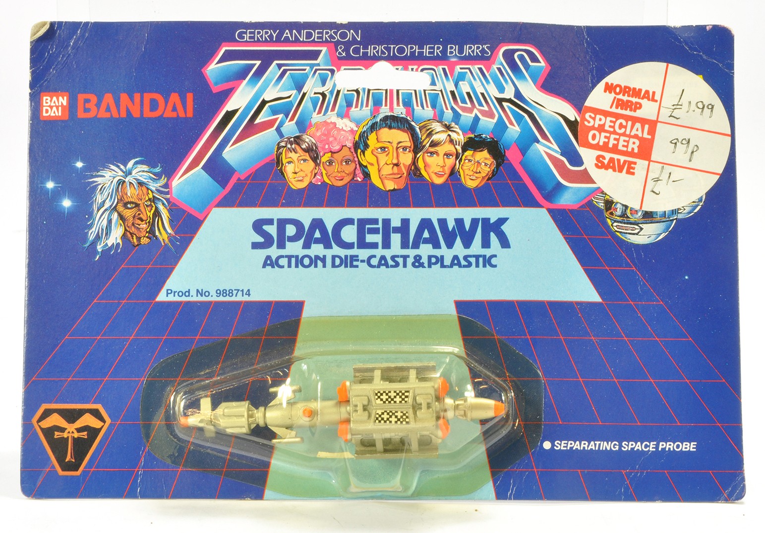 Bandai No. 0988714 Gerry Anderson's Terrahawks Spacehark. Complete and secured on carded blister
