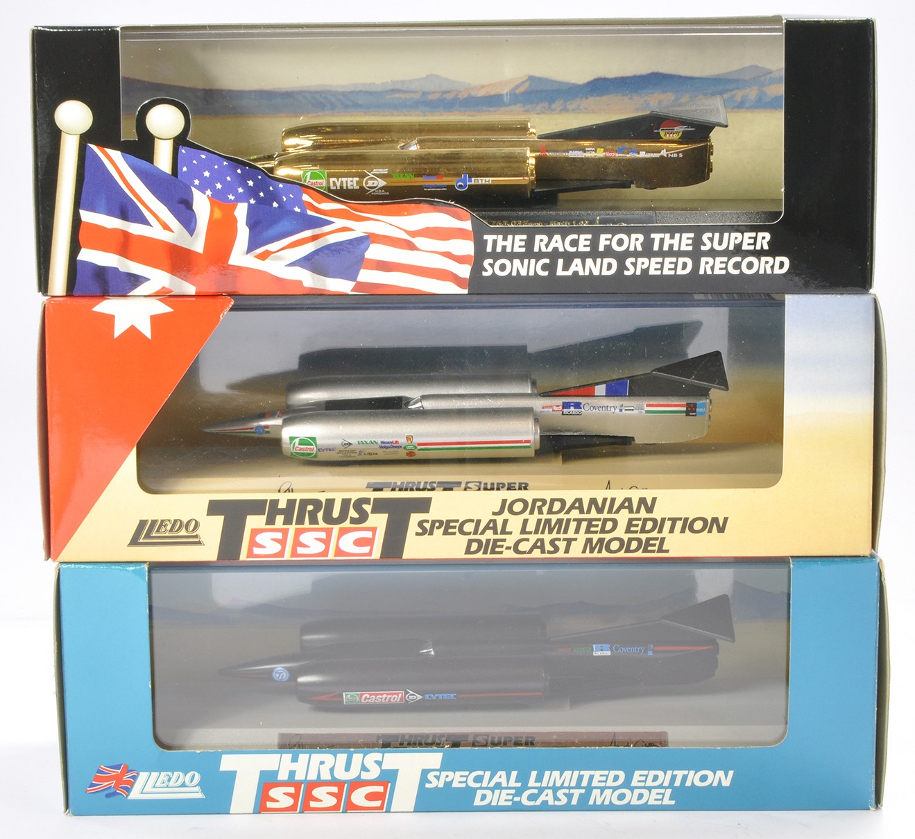 Lledo Days Gone trio of Thrust SSC Supersonic Record cars including scarcer special gold limited