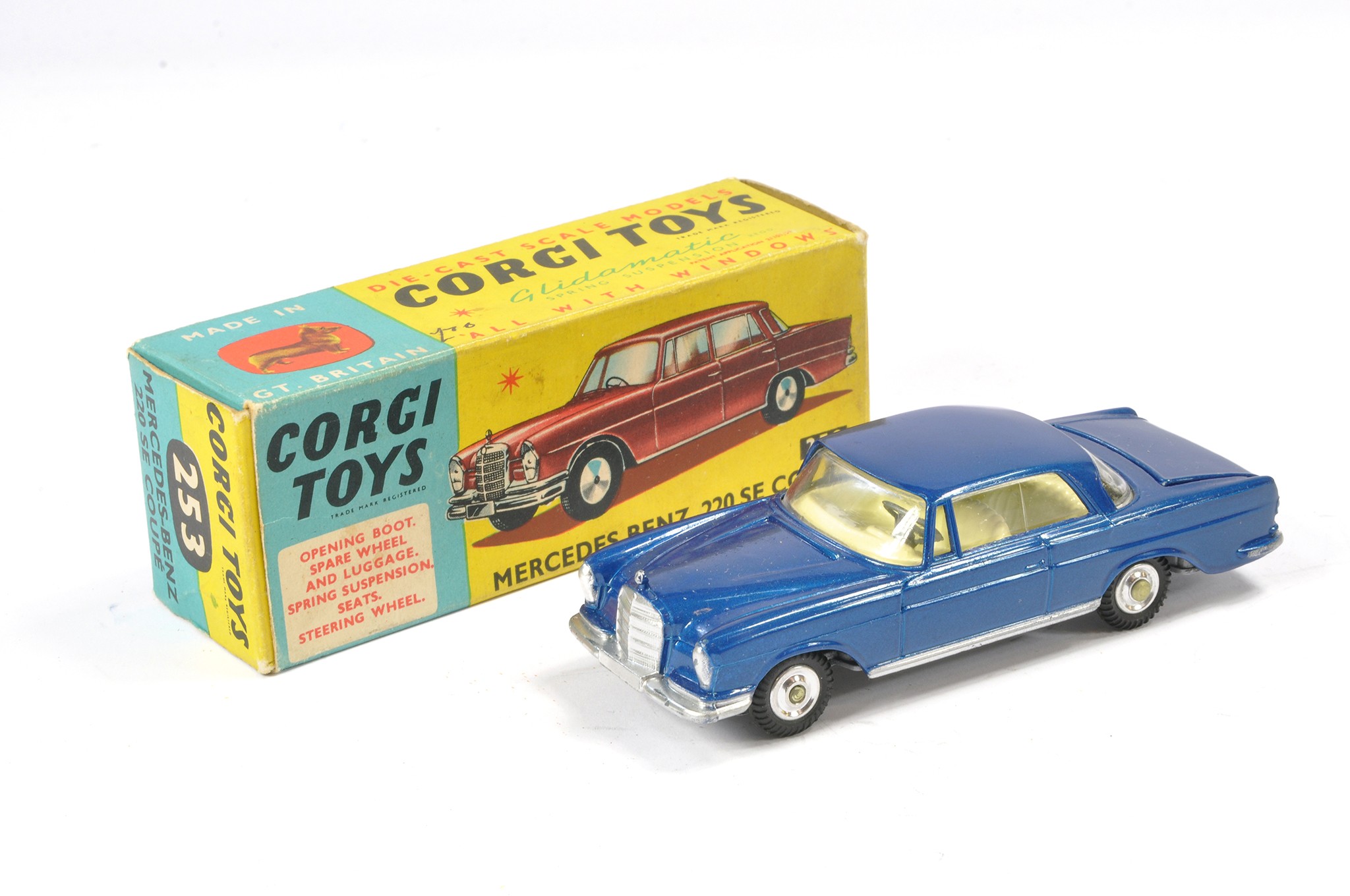 Corgi No. 253 Mercedes Benz 220SE Coupe. Blue with white interior. Excellent with little sign of