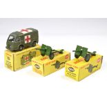 Dinky Military Trio comprising No. 820 Military Ambulance plus duo of No. 686 25-pounder gun. Very