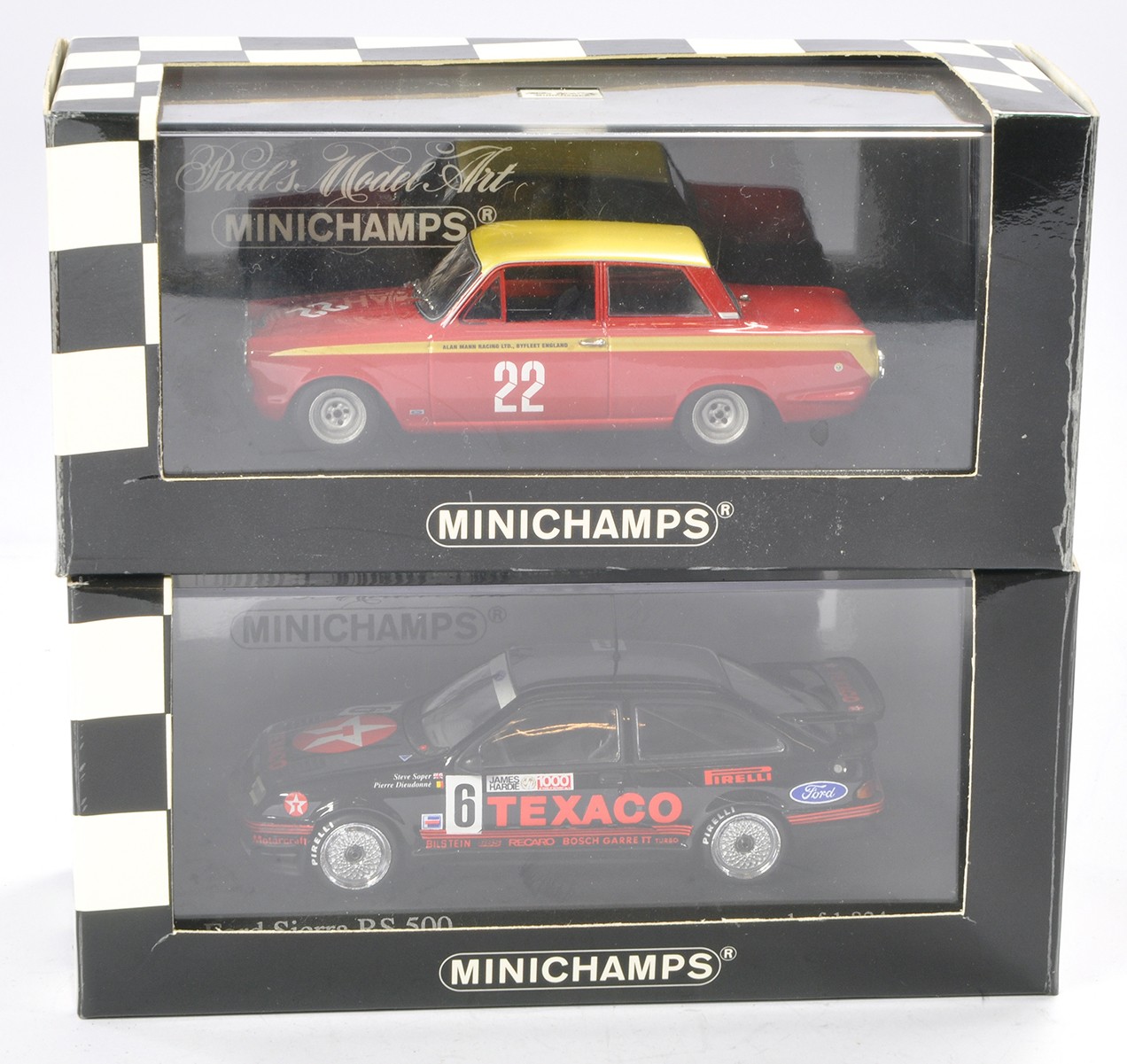 Minichamps 1/43 Retro Classic Car duo comprising Lotus Cortina and Ford Sierra RS500. Both excellent