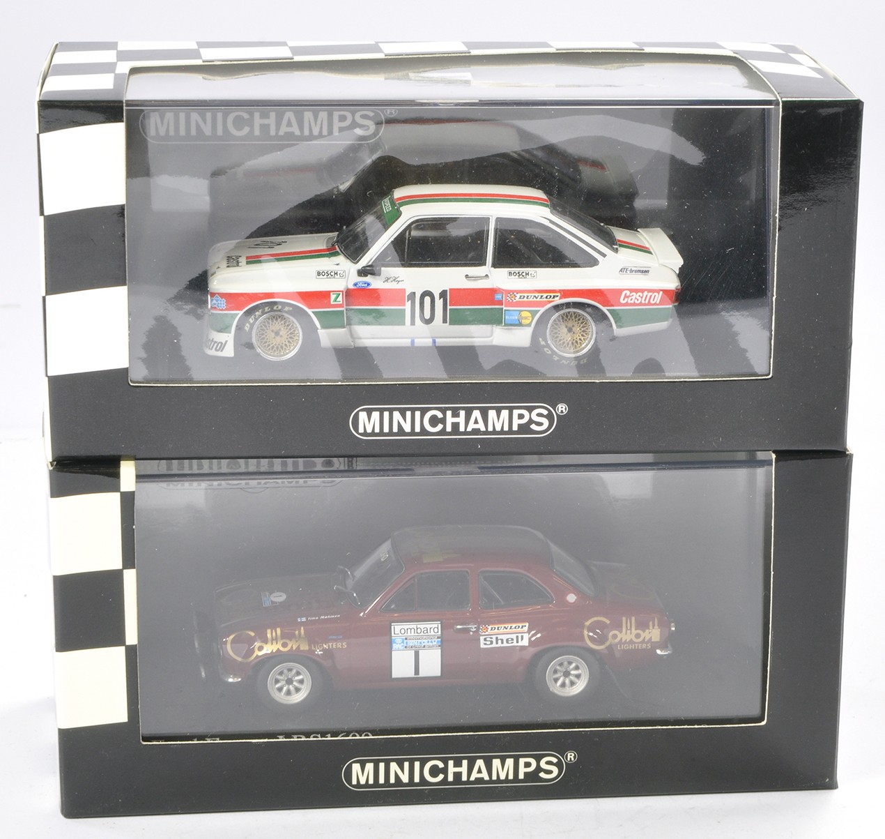 Minichamps 1/43 Retro Classic Car duo comprising Ford Escort MKII RS1800 plus Ford Escort MKI