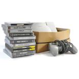 Sony Playstation comprising original console, controller, cables and a selection of games as