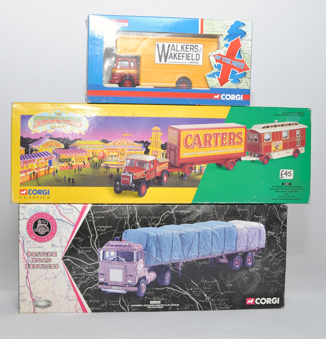 Corgi diecast truck issues comprising Scammell BRS set, Carters Steam Fair plus Walkers Removal Van.