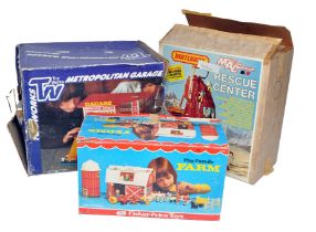 Childhood toys comprising Matchbox MAC Rescue Center, Early Fischer Price Farmyard plus Toy Works