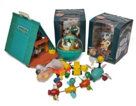 Vintage Fisher Price toys plus As New Wallace and Gromit Alarm Clocks as shown.