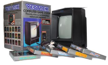 Retro gaming comprising MB Vectrex Computer System with five games as shown. With original box and