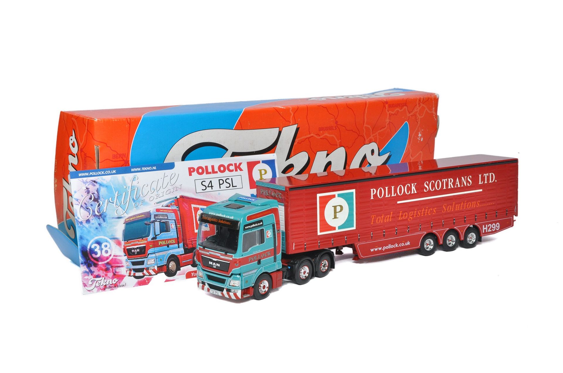 Tekno 1/50 diecast model truck issue comprising MAN Curtain Trailer in the livery of Pollock.