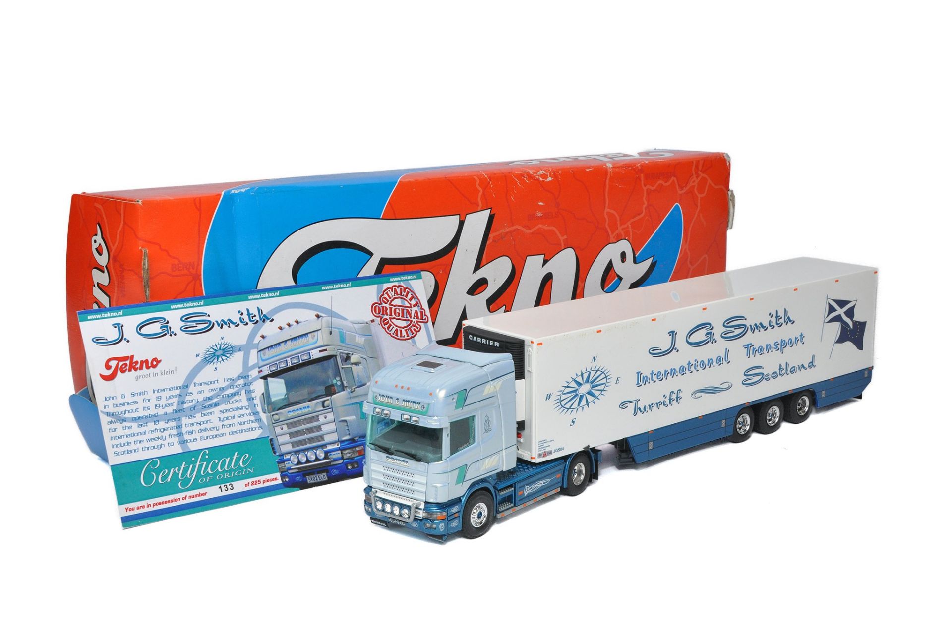 Tekno 1/50 diecast model truck issue comprising Scania Fridge in the livery of J G Smith. Limited