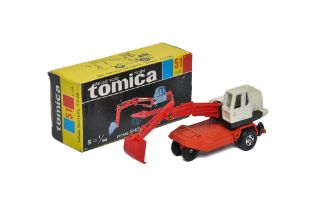 Tomica 1/90 diecast model construction issue comprising No. 51 Poclain TY45 Wheeled Excavator.