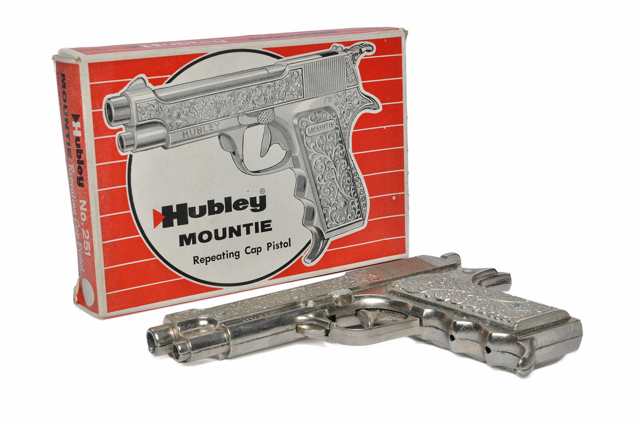 Hubley (USA) No. 251 Mountie 'Toy' Cap Pistol. Looks to be generally very good in original box.