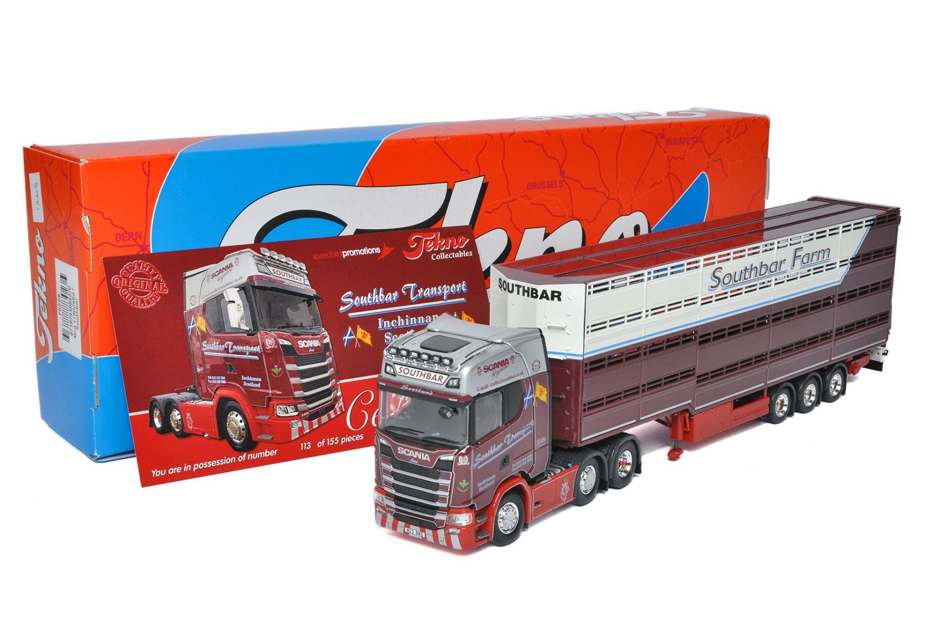 Tekno 1/50 diecast model truck issue comprising Scania Livestock Transporter in the livery of