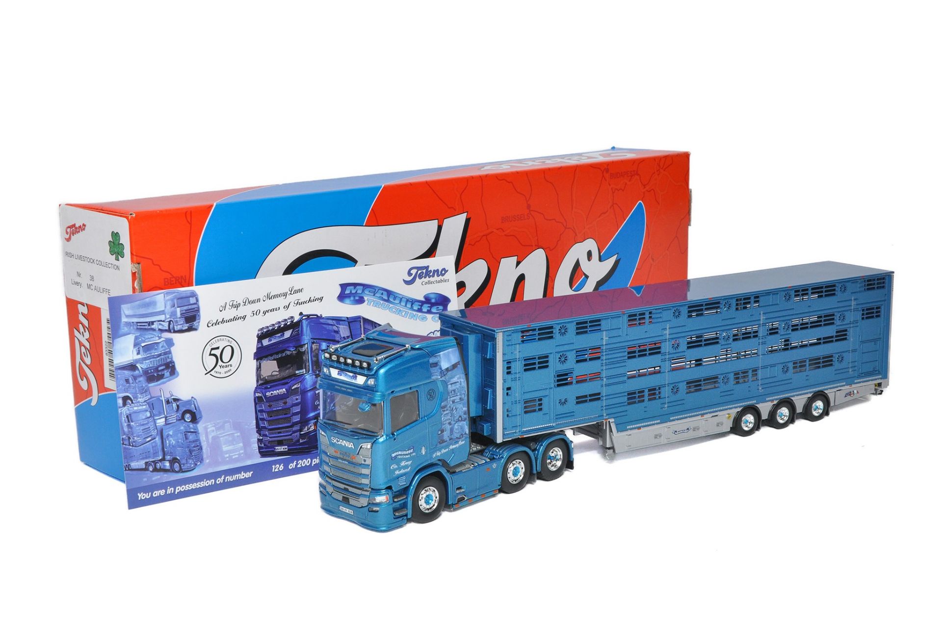 Tekno 1/50 diecast model truck issue comprising Scania Livestock Trailer in the livery of Mcaulife