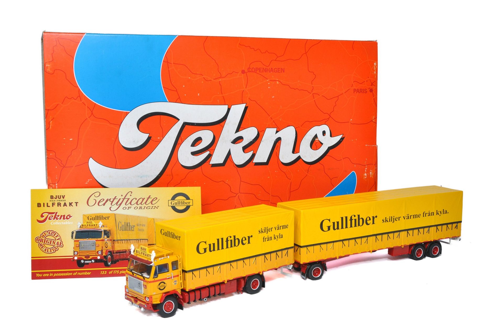 Tekno 1/50 diecast model truck issue comprising Volvo Drawbar Trailer in the livery of Gullfiber.