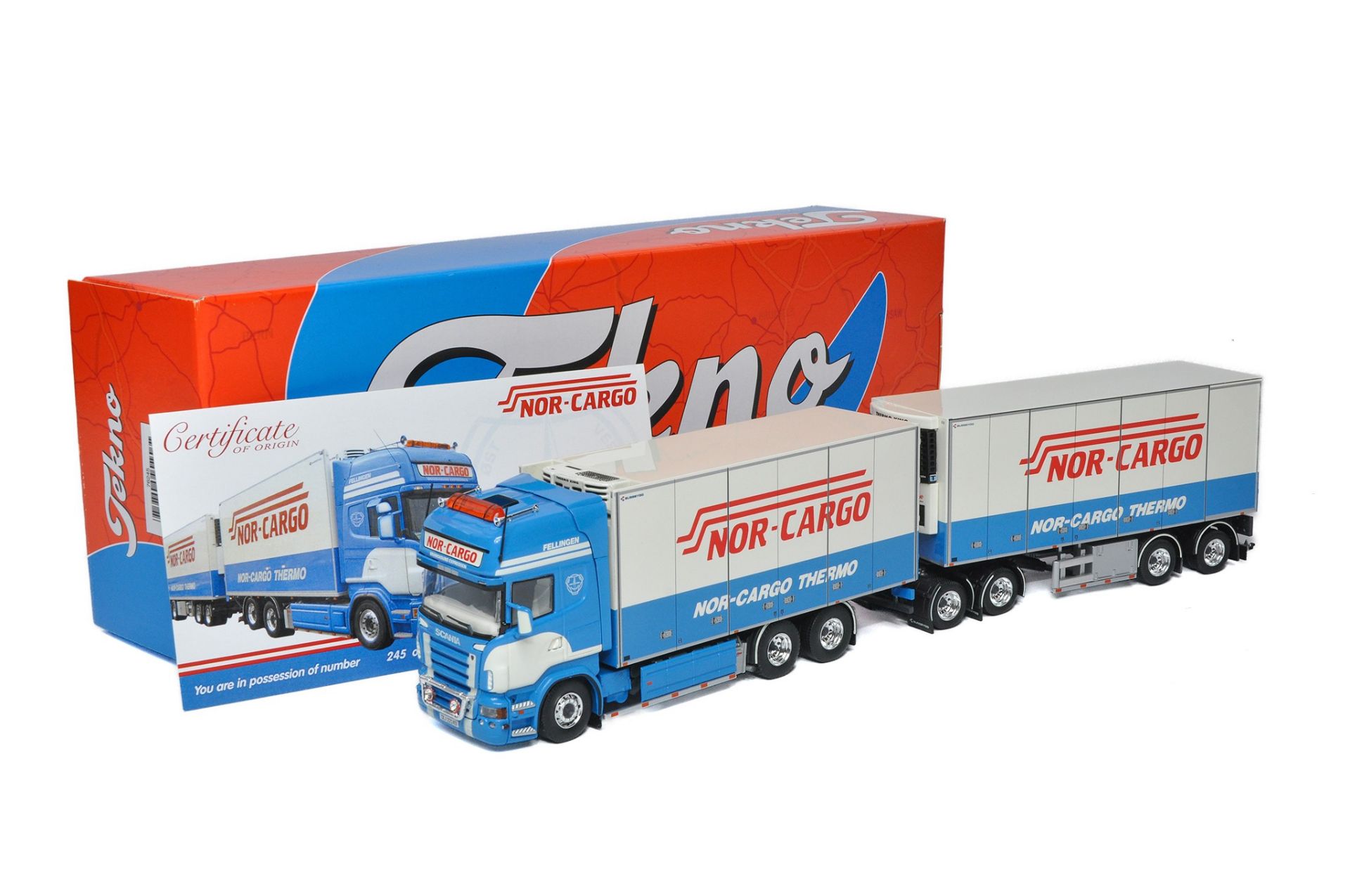 Tekno 1/50 diecast model truck issue comprising Scania Drawbar Fridge Trailer in the livery of Nor-