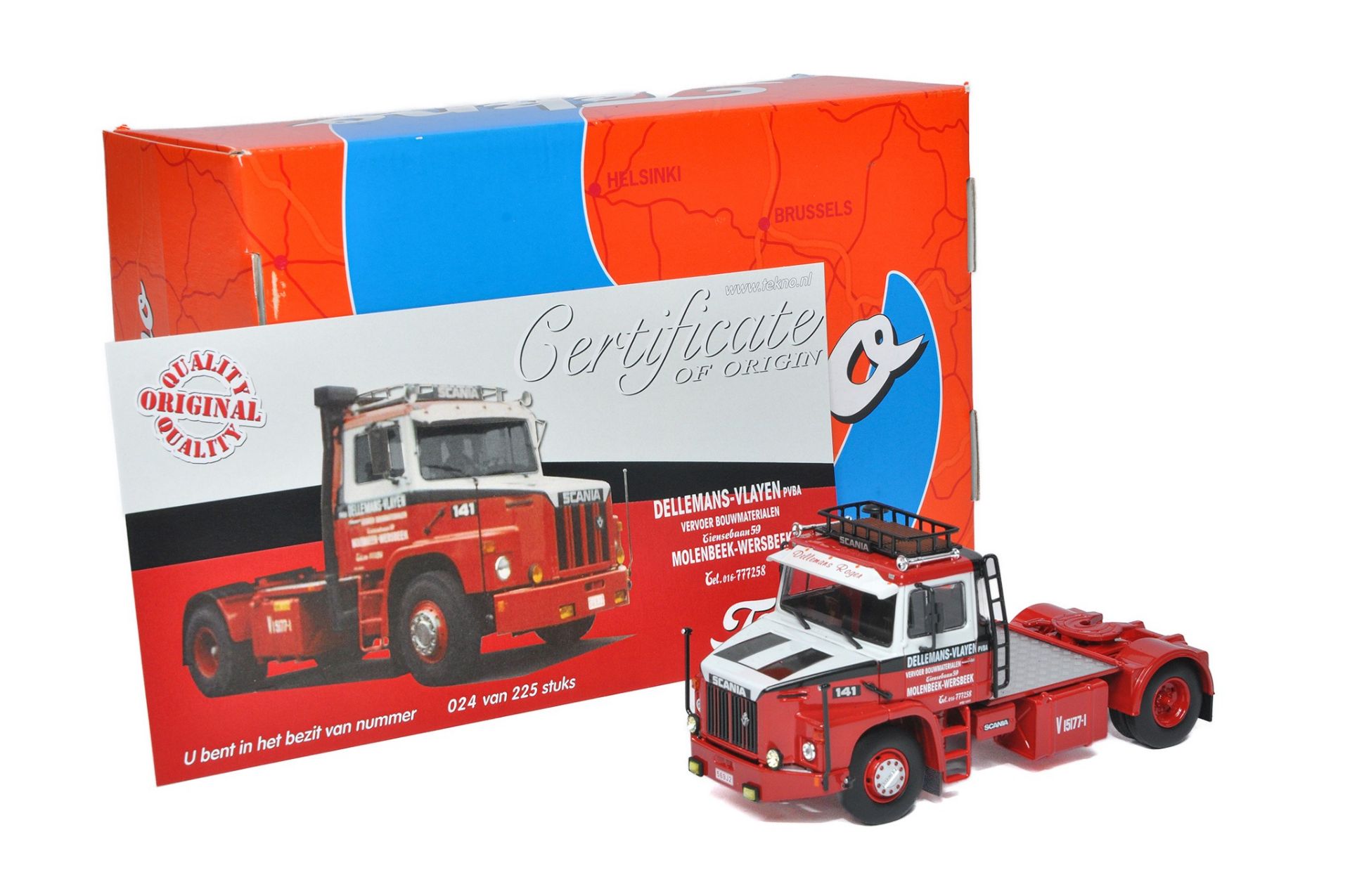 Tekno 1/50 diecast model truck issue comprising Scania in the livery of Dellemans. Limited Edition