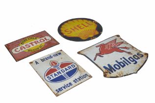 Four original vintage enamel signs comprising Shell, Castrol, Standard and Mobilgas. With signs of