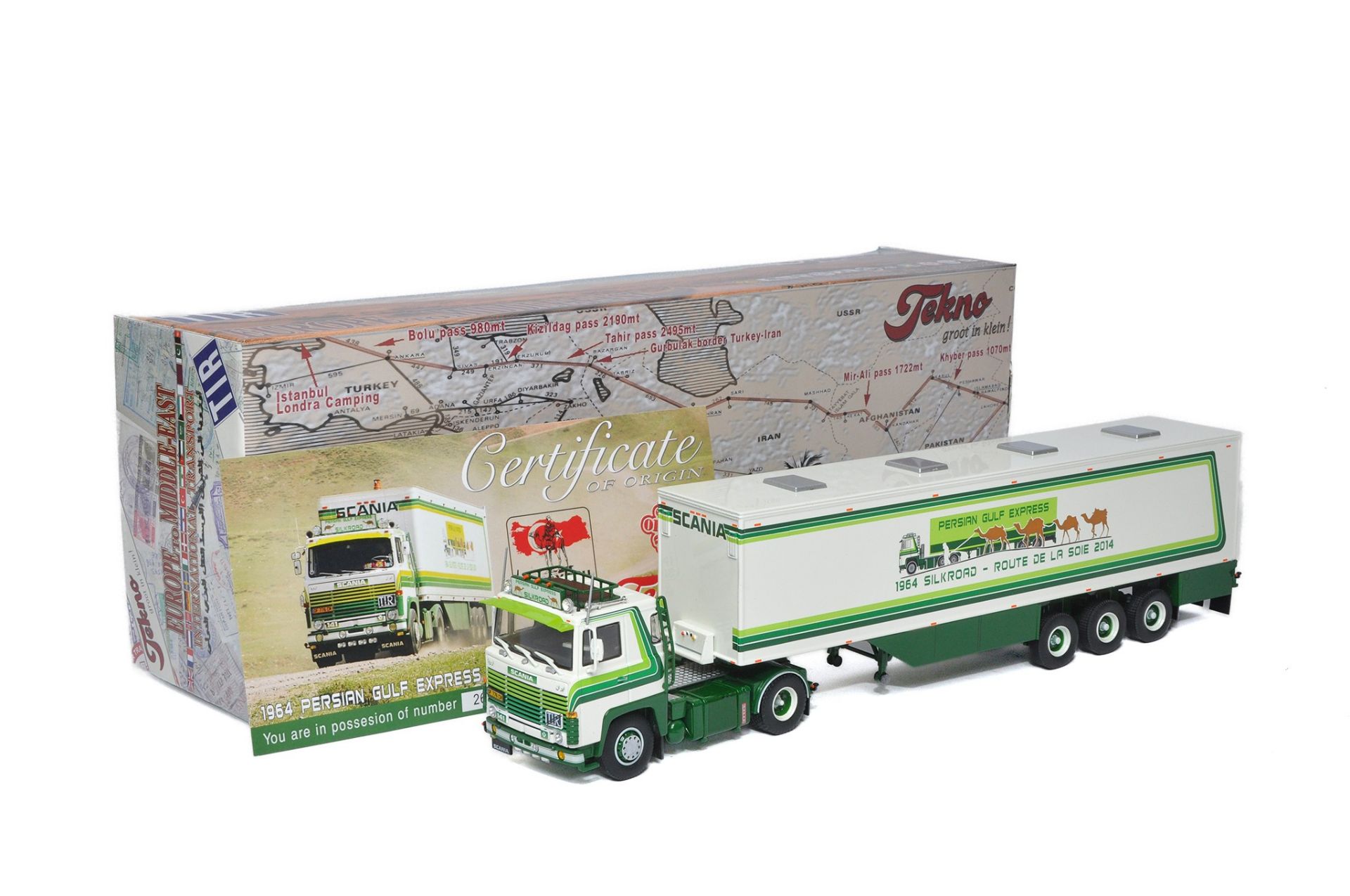 Tekno 1/50 diecast model truck issue comprising Scania Semi-Trailer in the livery of Persian Gulf