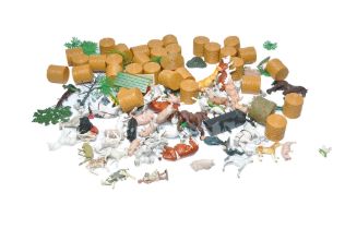 A box of mostly Britains Farm animal figures including some custom issues plus other themed items